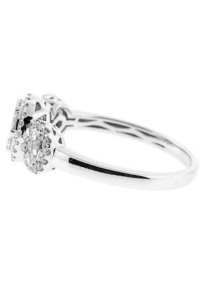 3 Stone Right Hand Fashion Ring with Clusters of Diamonds Surrounded by Diamond Halos in 18K White Gold
