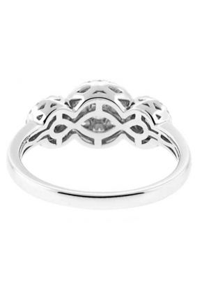 3 Stone Right Hand Fashion Ring with Clusters of Diamonds Surrounded by Diamond Halos in 18K White Gold