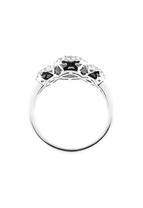 3 Stone Right Hand Fashion Ring with Clusters of Diamonds Surrounded by Diamond Halos in 18K White Gold