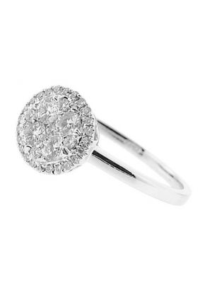 Right Hand Fashion Ring with Round Cluster of Diamonds Surrounded by Diamond Halo in 18K White Gold
