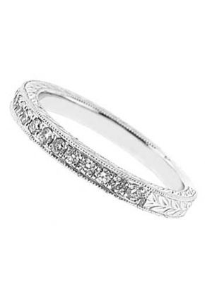 Vintage Inspired Diamond Band with Laser Cut Leaf Design and Beaded Milgrain in 18k White Gold