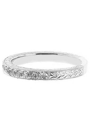 Vintage Inspired Diamond Band with Laser Cut Leaf Design and Beaded Milgrain in 18k White Gold