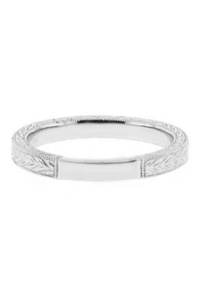 Vintage Inspired Diamond Band with Laser Cut Leaf Design and Beaded Milgrain in 18k White Gold