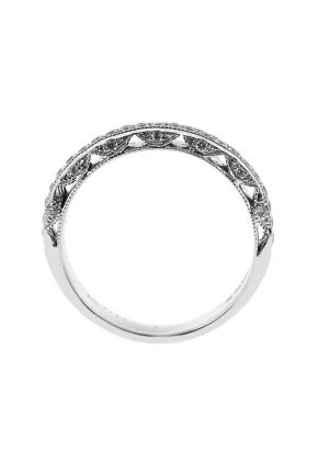Three Side Band with Round Diamonds and Beaded Milgrain Design in 18k White Gold