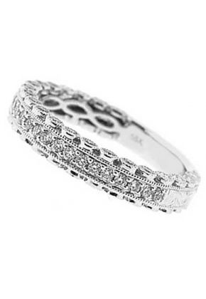 Milgrain-Engraved Three-Side Antique Style Band with Bezel and Pav?? Set Diamonds in 18k White Gold