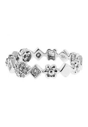 Milgrain Decorated Eternity Band with Round Diamonds in Clusters and Squares of 18k White Gold