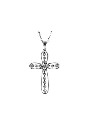 Cross Pendant with Diamond Rounds Bordered by Beaded Milgrain in 18k White Gold