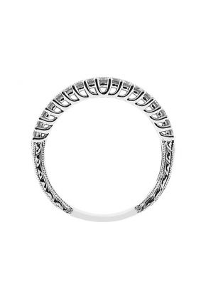 Milgrain Engraved Combination Set Band with Prong and Channel Set Round Diamonds in 18k White Gold