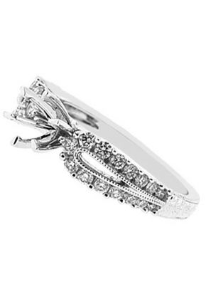 6 Prong Semi-Mount Rounded Split Shank Engagement Ring with Beaded Milgrain and Round Diamonds Set in 18k White Gold