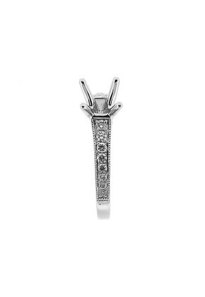 4 Prong Engagement Ring with Micro-Pav?? Set Diamonds Bordered by Beaded Milgrain in 18k White Gold