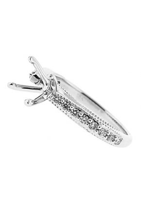 4 Prong Semi-Mount Engagement Ring with Beaded Milgrain and Round Diamonds Set in 18k White Gold