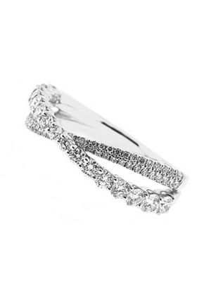 Split Shank Crossover Ring with Overlapping Larger and Smaller Diamonds Set in 18K White Gold