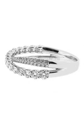 Split Shank Crossover Ring with Overlapping Larger and Smaller Diamonds Set in 18K White Gold