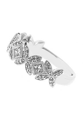 Beaded Milgrain Engraved Band with Round and Princess Cut Diamonds Set in 18k White Gold