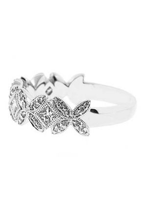 Beaded Milgrain Engraved Band with Round and Princess Cut Diamonds Set in 18k White Gold