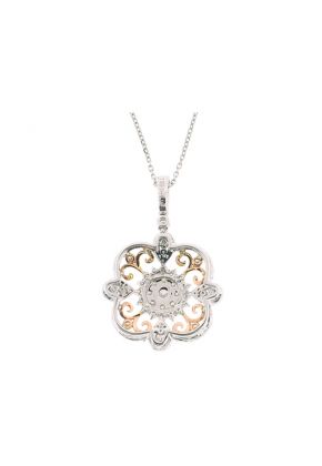 Two Tone Pendant with Prong Set Diamonds in 18k White Gold and Bezel Set Diamonds in 18k Rose Gold Filigree Design
