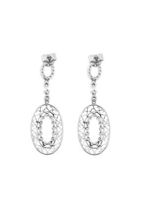 Dangling Oval Earrings with Filigree Design and Diamonds in 18k White Gold