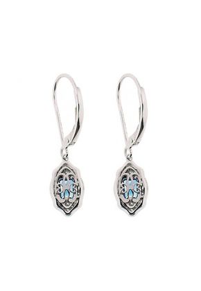 Vintage Inspired Sapphire Dangling Earrings with Bezel and Prong Set Diamond Rounds and Beaded Milgrain Borders Set in 18K White Gold