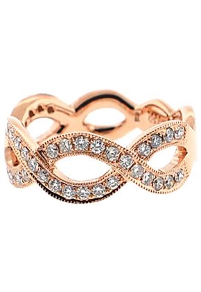 Twist Style Right Hand Fashion Ring with Rows of Diamonds Bordered by Beaded Milgrain in 18K Rose Gold