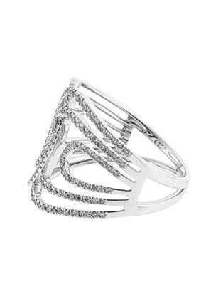 Modern Openwork Statement Ring with Rows of Diamonds Interlocking in the Center in 18K White Gold
