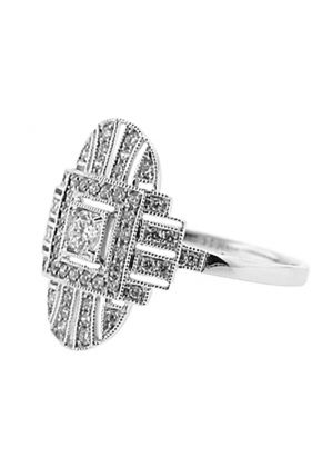 Oval Shaped Statement Ring with Rows of Diamonds Surrounded by Beaded Milgrain in 18K White Gold