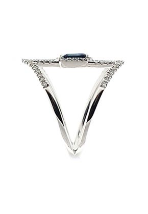 Single Halo Statement Ring with Sapphire Center and Diamond Rounds Set in 18K White Gold