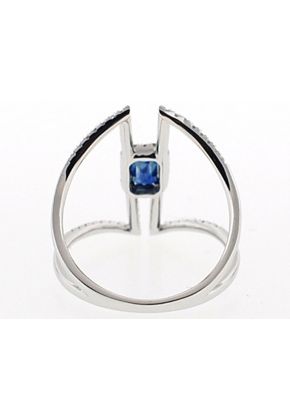 Single Halo Statement Ring with Sapphire Center and Diamond Rounds Set in 18K White Gold