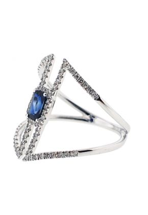 Single Halo Statement Ring with Sapphire Center and Diamond Rounds Set in 18K White Gold