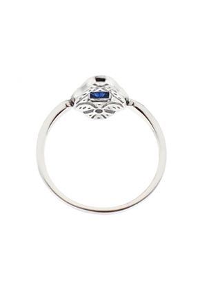Vintage Inspired Statement Sapphire Ring with Diamond Rounds and Beaded Milgrain Set in 18K White Gold