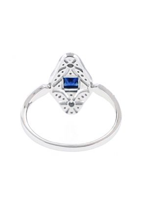 Vintage Inspired Statement Sapphire Ring with Diamond Rounds and Beaded Milgrain Set in 18K White Gold