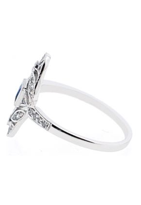 Vintage Inspired Statement Sapphire Ring with Diamond Rounds and Beaded Milgrain Set in 18K White Gold