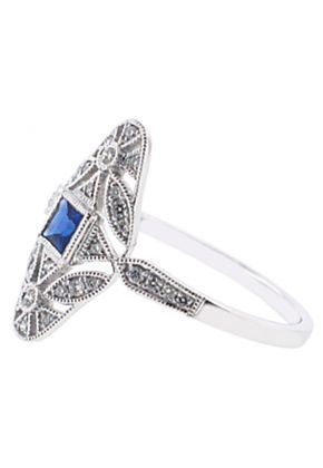 Vintage Inspired Statement Sapphire Ring with Diamond Rounds and Beaded Milgrain Set in 18K White Gold