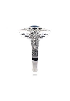 Vintage Inspired Bezel Set Sapphire and Diamond Split Shank Ring with Beaded Milgrain and Filigree Detail in 18K White Gold