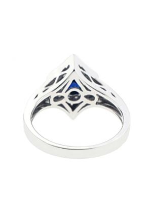 Vintage Inspired Bezel Set Sapphire and Diamond Split Shank Ring with Beaded Milgrain and Filigree Detail in 18K White Gold