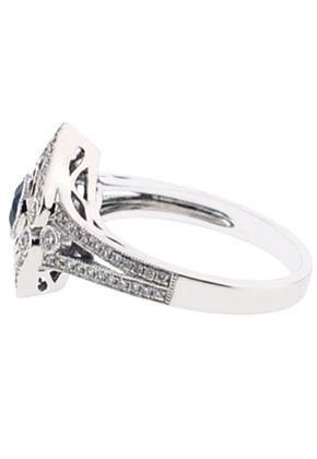 Vintage Inspired Bezel Set Sapphire and Diamond Split Shank Ring with Beaded Milgrain and Filigree Detail in 18K White Gold