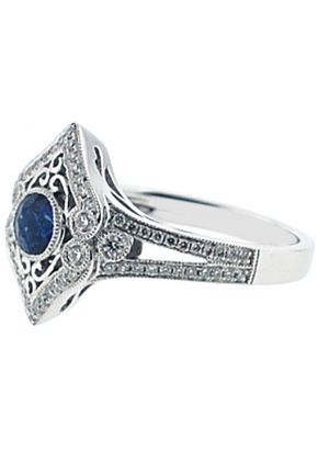 Vintage Inspired Bezel Set Sapphire and Diamond Split Shank Ring with Beaded Milgrain and Filigree Detail in 18K White Gold