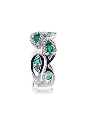 Wavy Right Hand Fashion Ring with Channel Set Emeralds Surrounded by Diamond Rounds in 18K White Gold