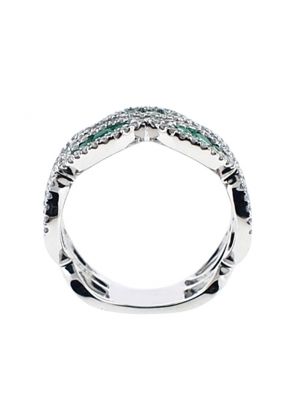 Wavy Right Hand Fashion Ring with Channel Set Emeralds Surrounded by Diamond Rounds in 18K White Gold