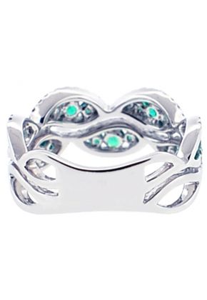 Wavy Right Hand Fashion Ring with Channel Set Emeralds Surrounded by Diamond Rounds in 18K White Gold