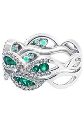 Wavy Right Hand Fashion Ring with Channel Set Emeralds Surrounded by Diamond Rounds in 18K White Gold