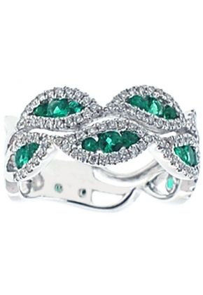 Wavy Right Hand Fashion Ring with Channel Set Emeralds Surrounded by Diamond Rounds in 18K White Gold