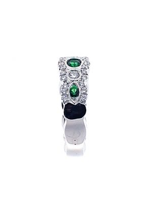 3 Stone Channel Set Emerald Right Hand Fashion Ring with Bezel Set Diamond Rounds in 18K White Gold