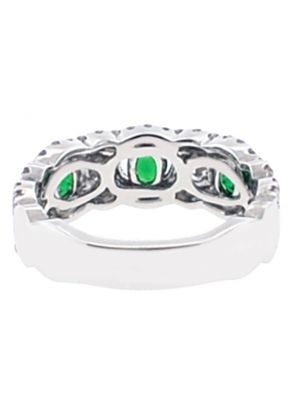 3 Stone Channel Set Emerald Right Hand Fashion Ring with Bezel Set Diamond Rounds in 18K White Gold