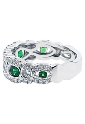 3 Stone Channel Set Emerald Right Hand Fashion Ring with Bezel Set Diamond Rounds in 18K White Gold