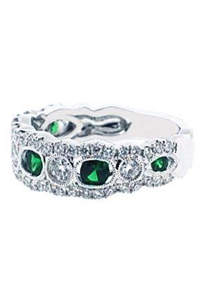 3 Stone Channel Set Emerald Right Hand Fashion Ring with Bezel Set Diamond Rounds in 18K White Gold