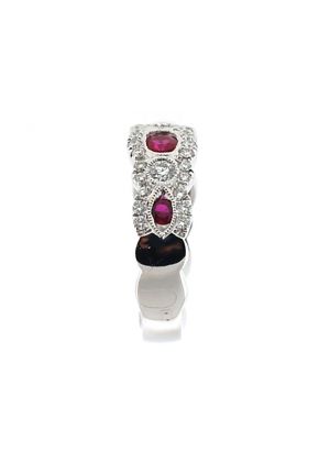 3 Stone Channel Set Ruby Right Hand Fashion Ring with Bezel Set Diamond Rounds in 18K White Gold