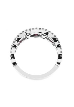 3 Stone Channel Set Ruby Right Hand Fashion Ring with Bezel Set Diamond Rounds in 18K White Gold