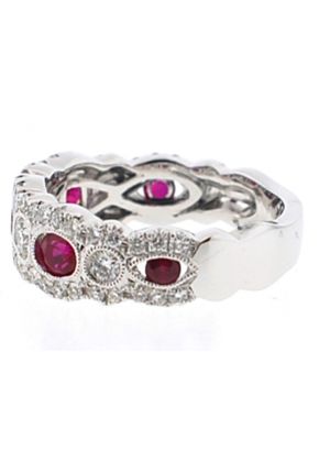 3 Stone Channel Set Ruby Right Hand Fashion Ring with Bezel Set Diamond Rounds in 18K White Gold