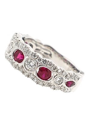 3 Stone Channel Set Ruby Right Hand Fashion Ring with Bezel Set Diamond Rounds in 18K White Gold