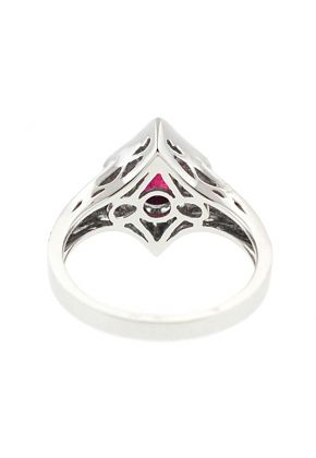 Vintage Inspired Bezel Set Ruby and Diamond Split Shank Ring with Beaded Milgrain and Filigree Detail in 18K White Gold